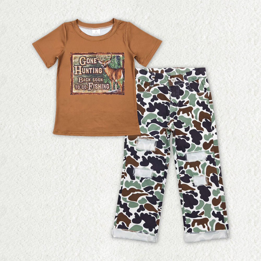 BSPO0396 Deer Hunting Boys Brown Short Sleeve Camo Ripped Denim Jeans Pants RTS 202404 RTS