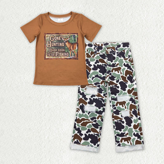 BSPO0396 Deer Hunting Boys Brown Short Sleeve Camo Ripped Denim Jeans Pants  RTS 202404 RTS
