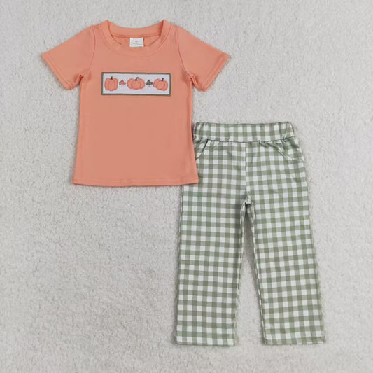 BSPO0451 Casual Cotton Pantsuit Embroidered Pumpkin Leaves Green Plaid Pink Orange Short Sleeve No MOQ Cartoon Pattern Clothes