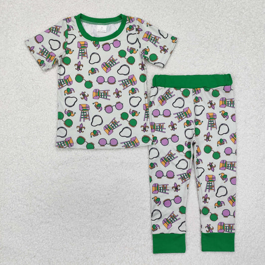 BSPO0495 Mardi Gras clothing green short sleeve top pants with glasses pattern Boys Boutique outfits 202501