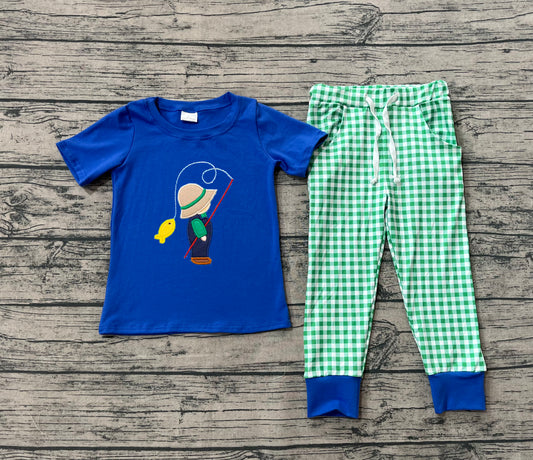 BSPO0506 Embroidered Fishing Blue Short-Sleeved Green Plaid Pant Boys Set 202509 RTS