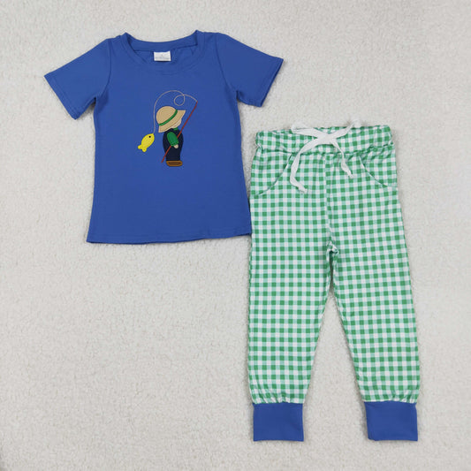 BSPO0506 Embroidered Fishing Blue Short-Sleeved Green Plaid Pant Boys Set 202509 RTS