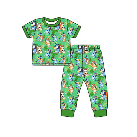 Preorder BSPO0511 St. Patrick's Day bluey four-leaf Clover green short-sleeved pant pajamas set