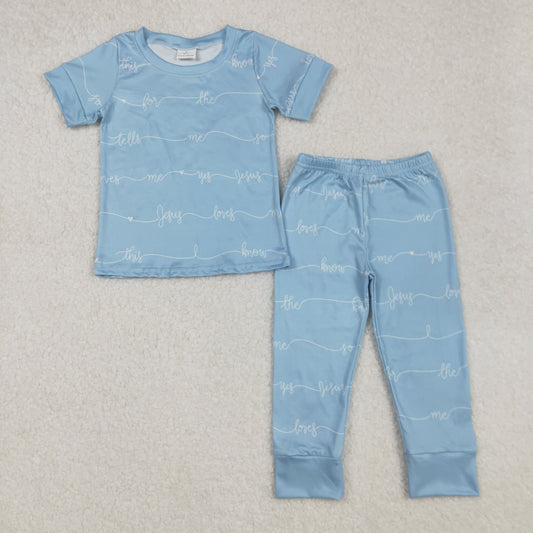 BSPO0529 Jesus Love Me Easter Outfits Blue short sleeve top pants set Boys Boutique  outfit 202502 RTS