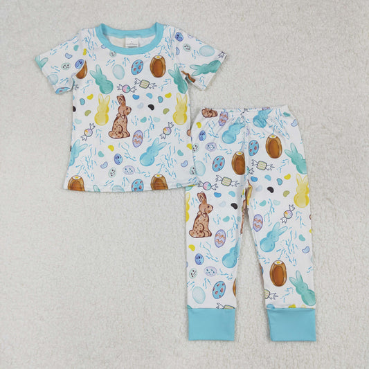 BSPO0557 Easter boutique bunnies eggs Light Blue short sleeve top pants set Boys Boutique  outfit 202502 RTS
