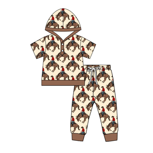 preorder BSPO0569 horse cowboy hooded brown short sleeve top pants set Boys Boutique outfit 202505