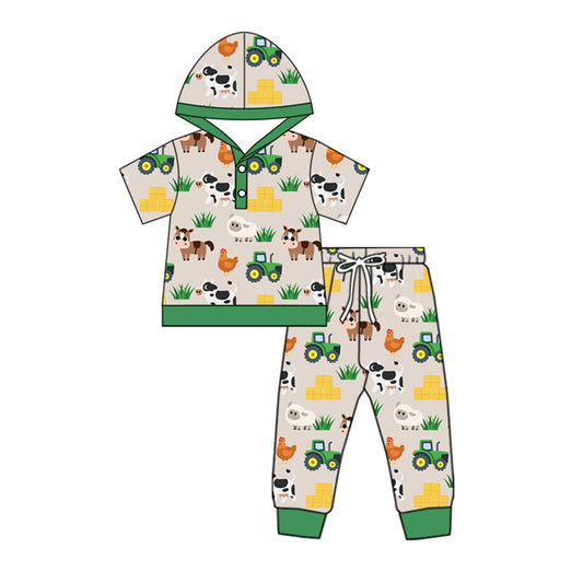 preorder BSPO0570 farm animals gray green hooded short sleeve top pants set Boys Boutique outfit 202505