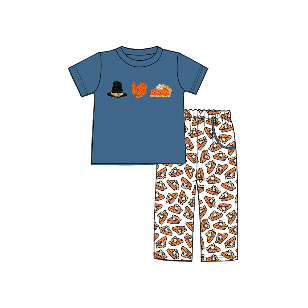 preorder BSPO0573 Boys Boutique Hat Turkey Cake Navy Blue Short Sleeve Pants Suit 202505