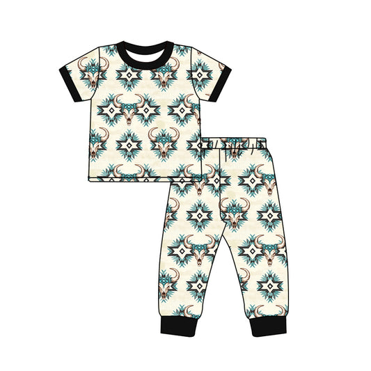 preorder BSPO0574 Alpine Bull Head Geometric Beige Short Sleeve Pants Pajamas Suit Boys Boutique Clothes 202505