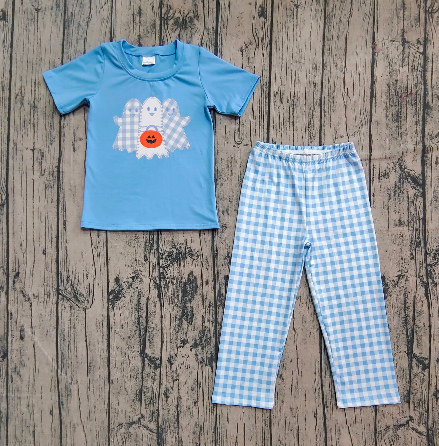 preorder BSPO0581 Embroidered Halloween Ghost Blue Short Sleeve Plaid Pants Boys Set 202507
