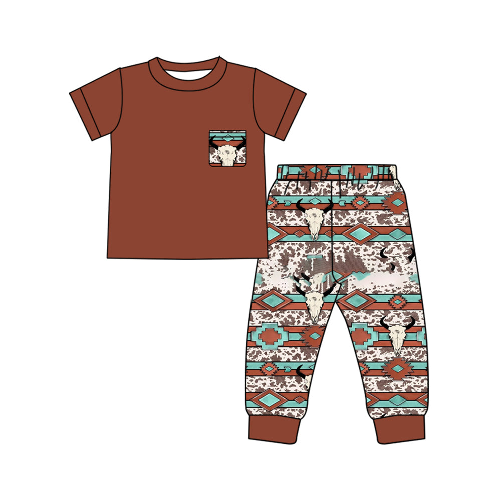 MOQ 8 Preorder BSPO0586 Cowboy Brown Short Sleeve Pants Boys Set 202509