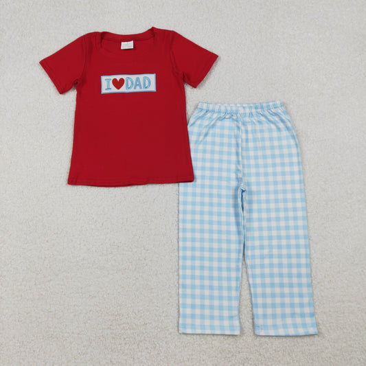 BSPO0589 Embroidered I Love Dad Short Sleeves Plaid Pants Boys Set 202510 Sibling