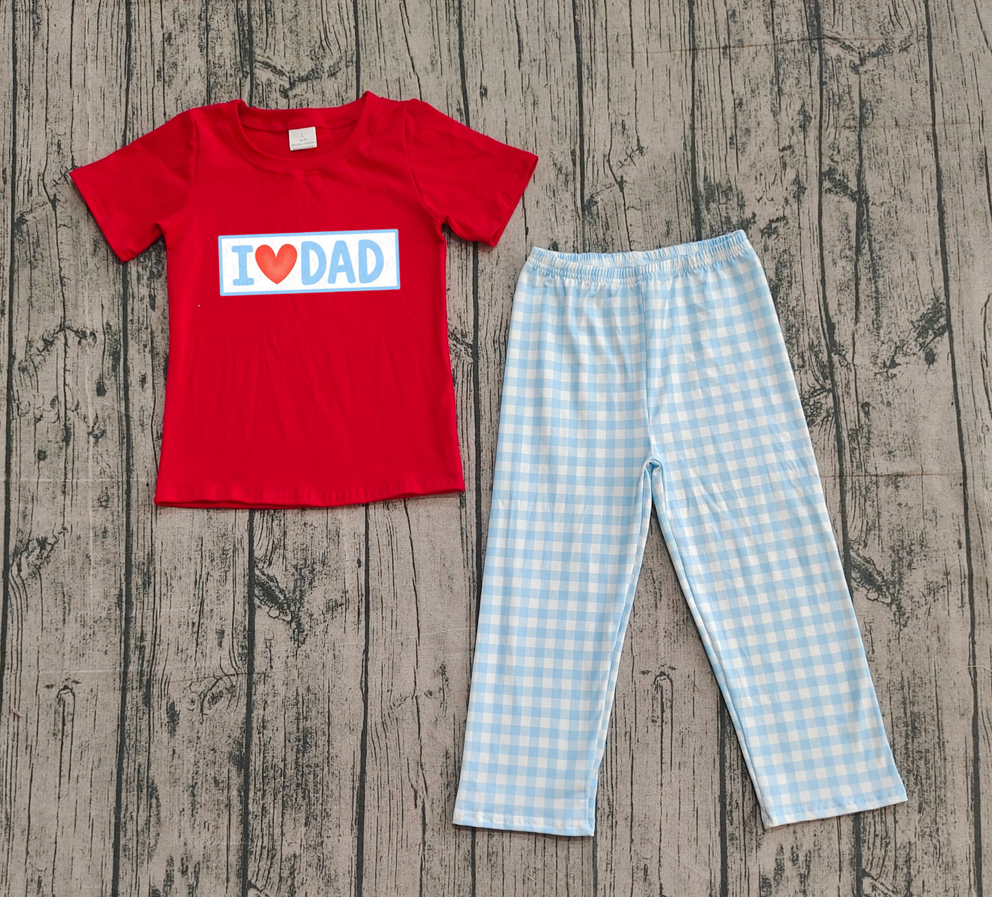 BSPO0589 Embroidered I Love Dad Short Sleeves Plaid Pants Boys Set 202510 Sibling