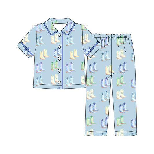 MOQ 8 preorder BSPO0592 Adult Man Cowboy Boots Button Polo Short-Sleeved Pants Pajamas Set 202509