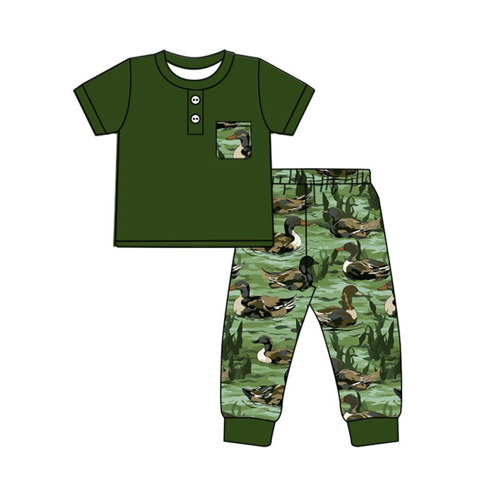 MOQ 8 preorder BSPO0595 Duck Hunting Dark Green Short Sleeve Pants Boys Set 202509