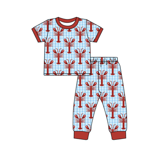 MOQ 8 preorder BSPO0596 Mardi Gras Crayfish Plaid Short Sleeve Pants Boys Set 202509