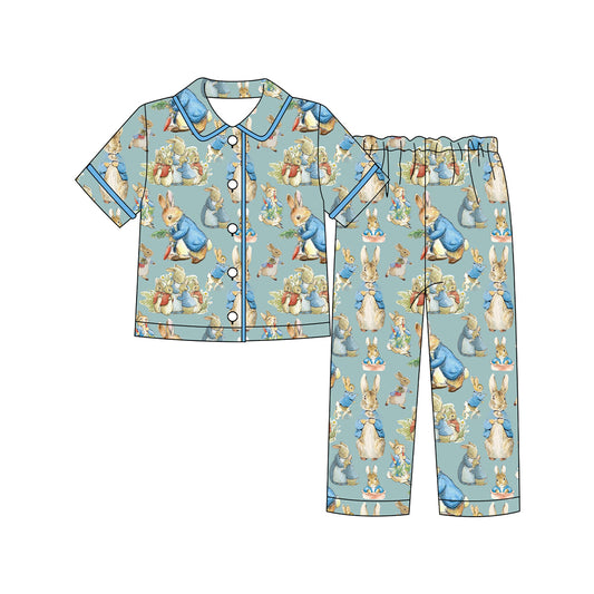 MOQ 8 preorder BSPO0601 Easter Bunny Polo Button Short Sleeve Top Pant Boys Pajamas Set 202509