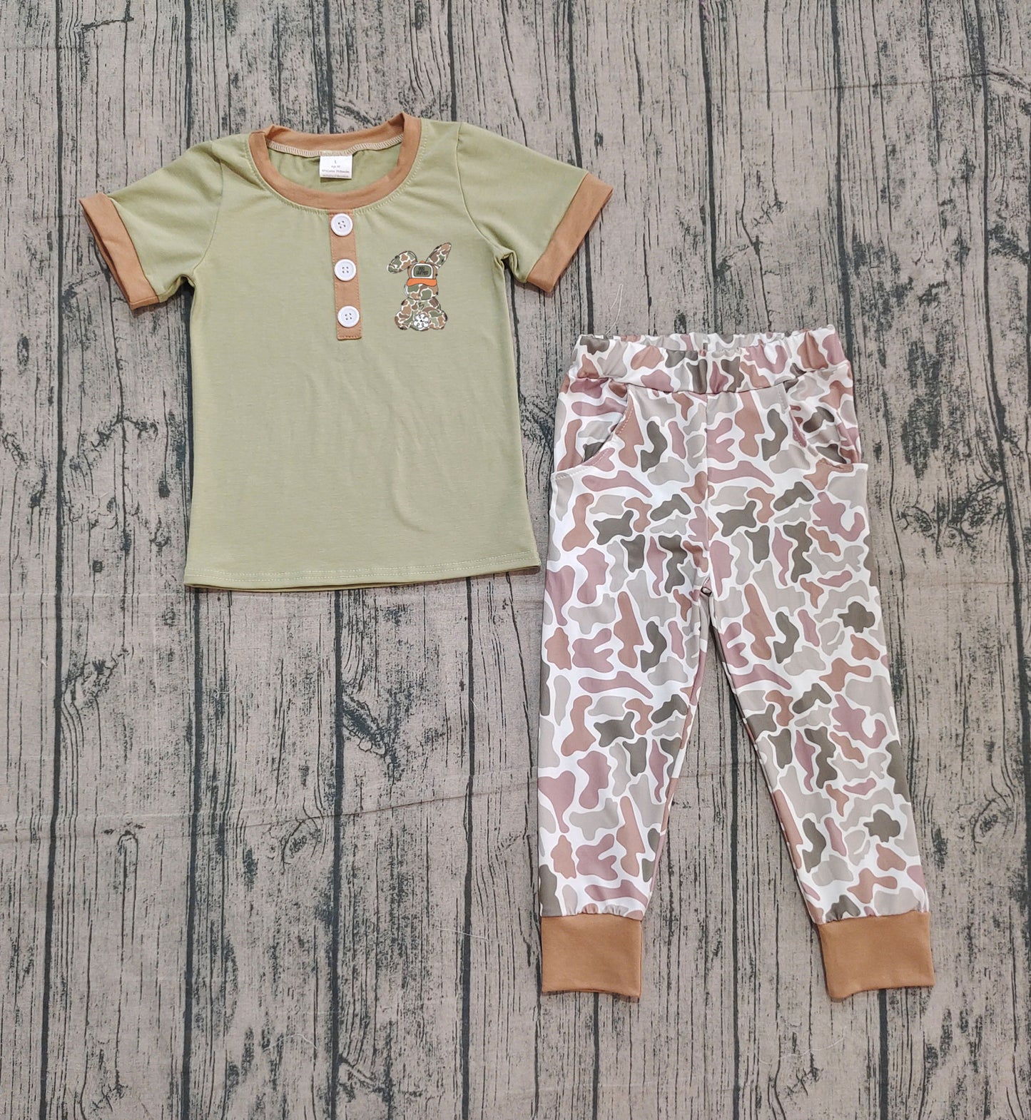 NO MOQ preorder BSPO0603 Embroidered Easter Bunny Camo Army Green Short Sleeve Top Pant Boys Set 202510