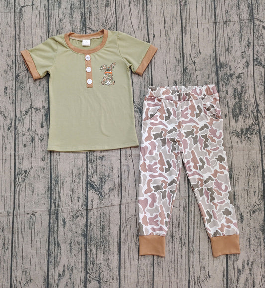 NO MOQ preorder BSPO0603 Embroidered Easter Bunny Camo Army Green Short Sleeve Top Pant Boys Set 202510