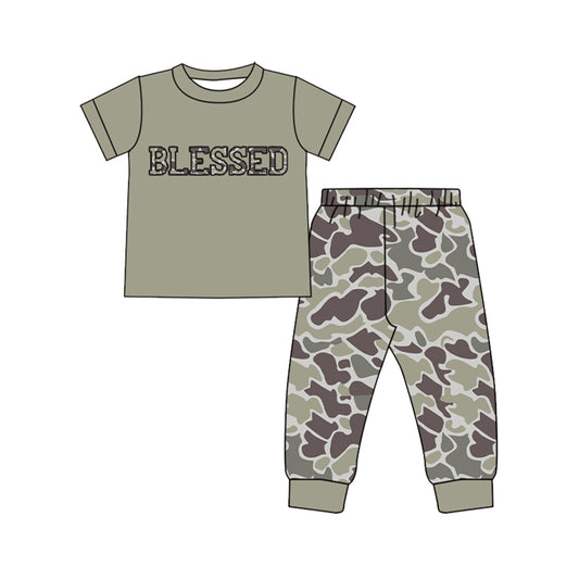 MOQ 8 preorder BSPO0605 Blesses Letter Army Green Short Sleeve Top Camouflage Pant Boys Set 202510