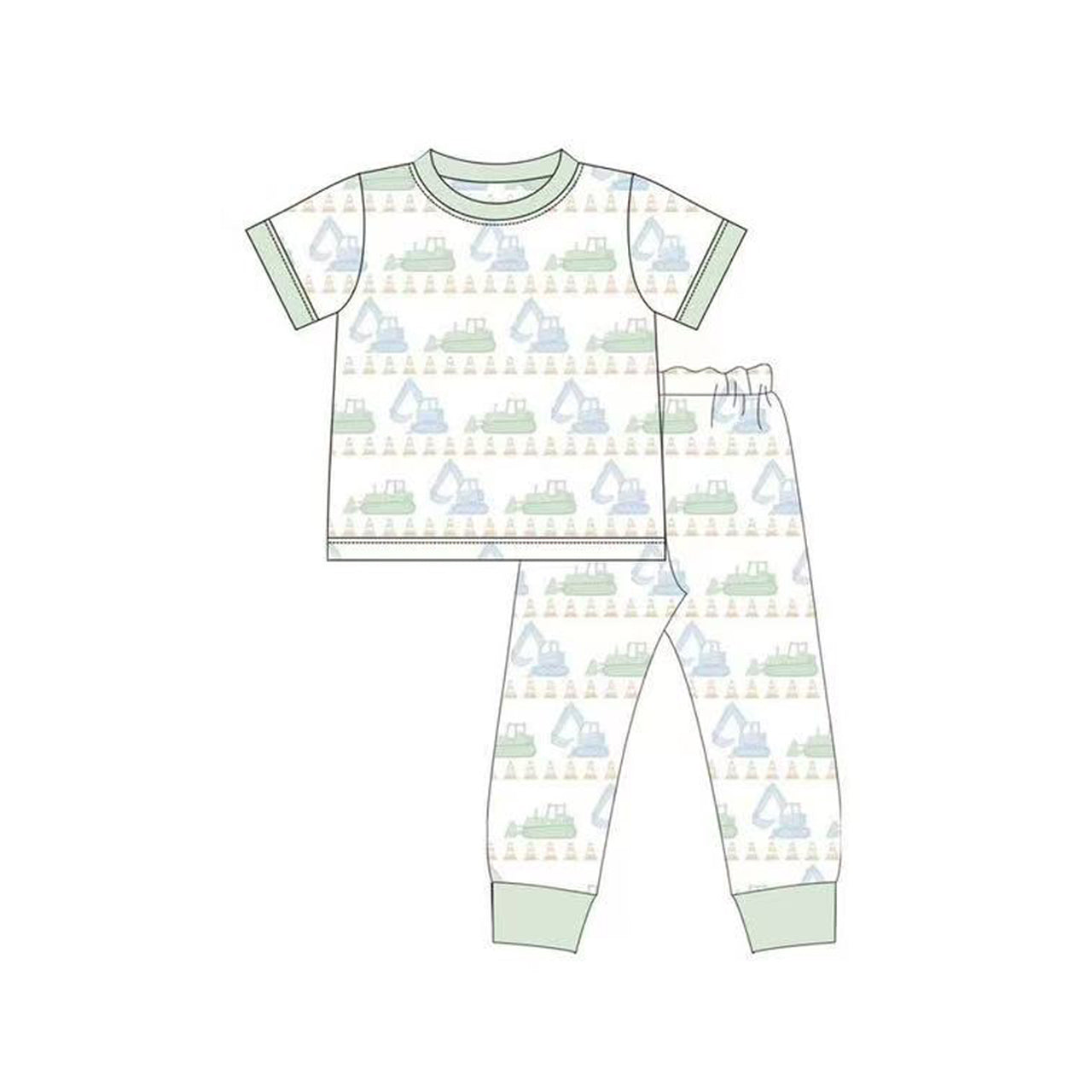 MOQ 8 preorder BSPO0609 Engineering Vehicle Roadblock Green and White Short-Sleeved Pants Pajama Boys Set 202510
