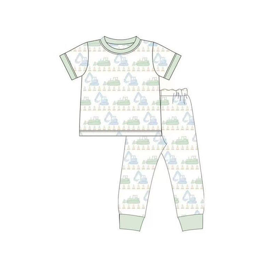 MOQ 8 preorder BSPO0609 Engineering Vehicle Roadblock Green and White Short-Sleeved Pants Pajama Boys Set 202510