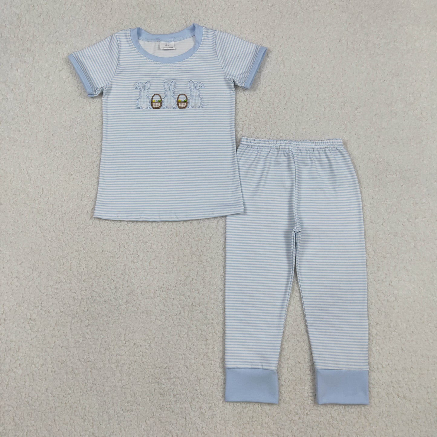 BSPO0610 Embroidered Easter Bunny Blue Stripe Short Sleeve Top Pant Boys Set 202511 RTS
