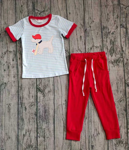 NO MOQ preorder BSPO0613 Embroidered Puppy Baseball Pattern Blue Stripe Short Sleeve Top Red Pant Boys Set 202510