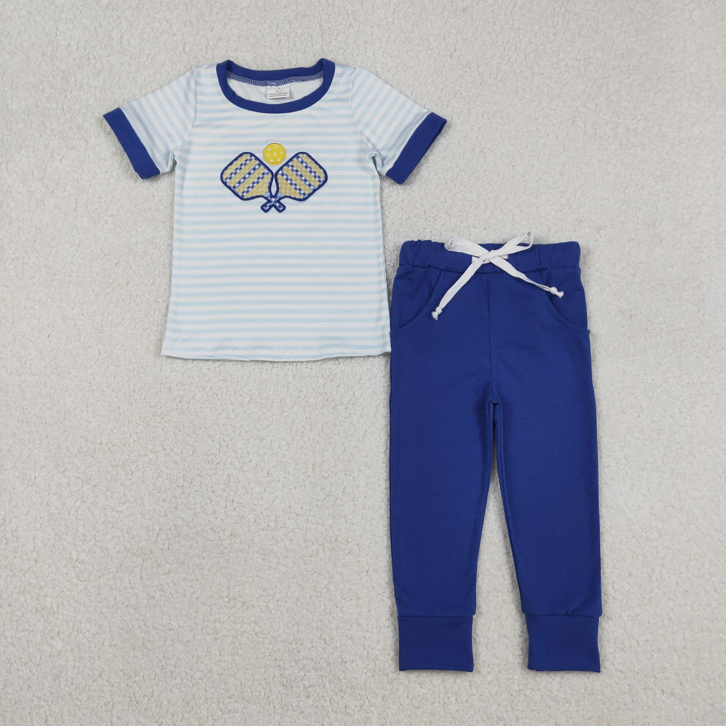 BSPO0614 Embroidered Tennis Racket Pattern Blue Stripe Short Sleeve Top Pant Boys Set 202511 RTS