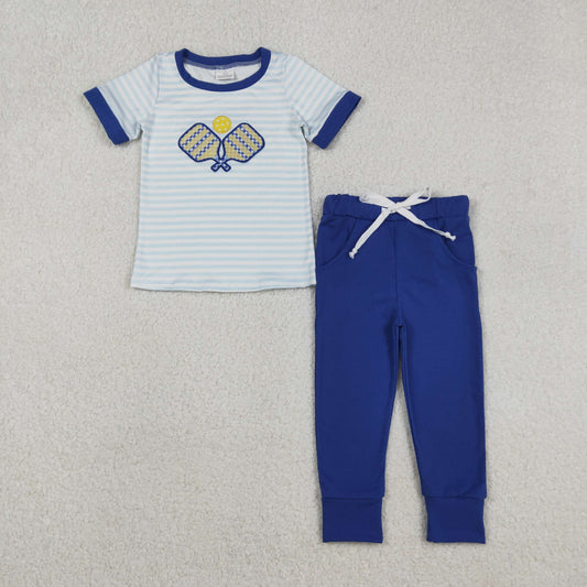 BSPO0614 Embroidered Tennis Racket Pattern Blue Stripe Short Sleeve Top Pant Boys Set 202511 RTS