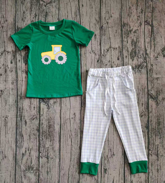 NO MOQ preorder BSPO0615 Embroidered Truck Pattern Green Short Sleeve Top Blue Plaid Pant Boys Set 202510