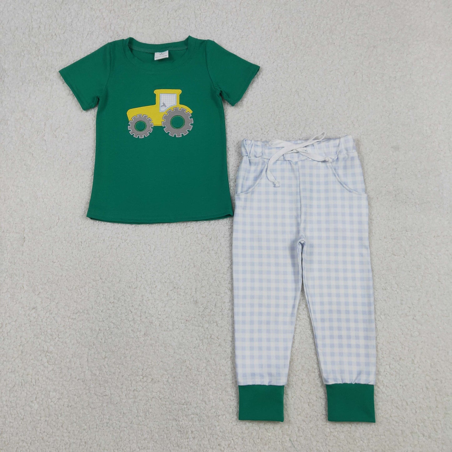 BSPO0615 Embroidered Truck Pattern Green Short Sleeve Top Blue Plaid Pant Boys Set 202512 RTS