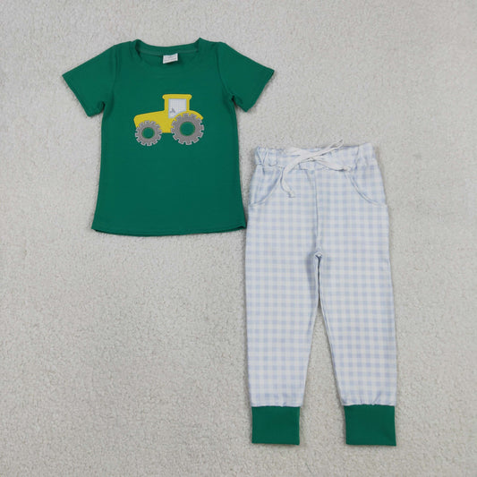 BSPO0615 Embroidered Truck Pattern Green Short Sleeve Top Blue Plaid Pant Boys Set 202512 RTS