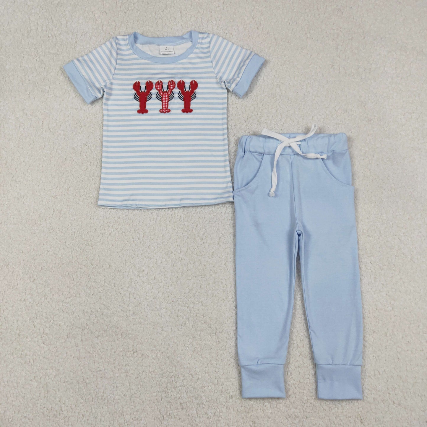 BSPO0616 Embroidered Crayfish Pattern Blue Stripe Short Sleeve Top Pant Boys Set 202512 RTS