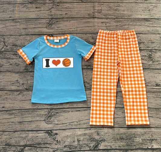NO MOQ preorder BSPO0619 Embroidered I Love Basketball Orange Plaid Blue Short Sleeve Top Pant Boys Set 202511