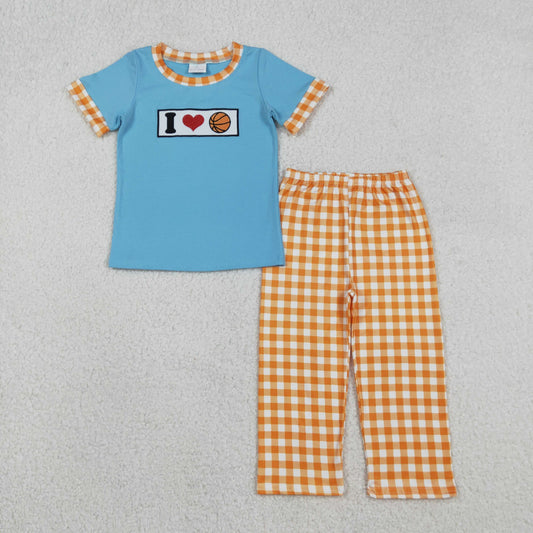 BSPO0619 Embroidered I Love Basketball Orange Plaid Blue Short Sleeve Top Pant Boys Set 202512 RTS