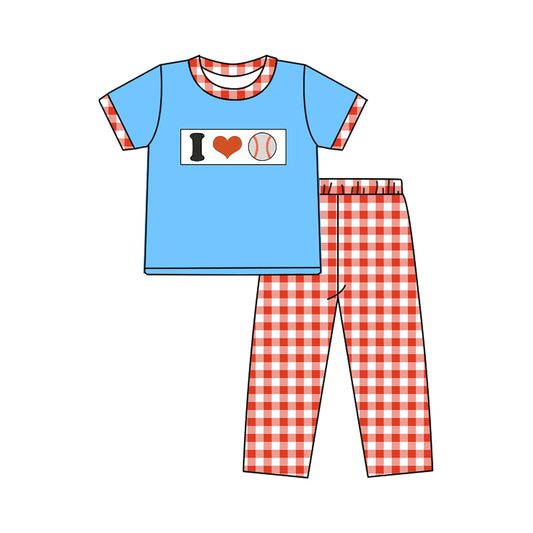 MOQ 5 preorder BSPO0620 I Love Baseball Red Plaid Blue Short Sleeve Top Pant Boys Set 202510