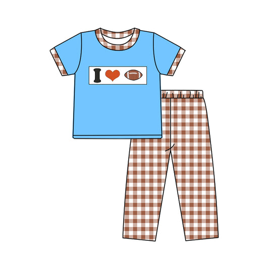 MOQ 5 preorder BSPO0621 I Love Rugby Brown Plaid Blue Short Sleeve Top Pant Boys Set 202510