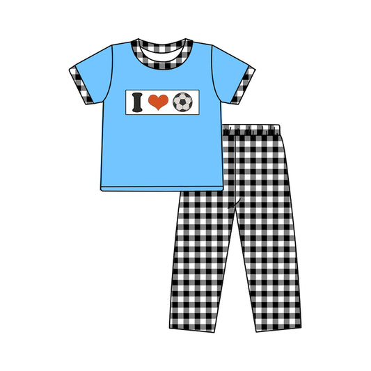 MOQ 5 preorder BSPO0622 I Love Football Black Plaid Blue Short Sleeve Top Pant Boys Set 202510