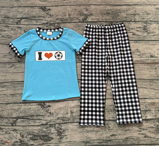 NO MOQ preorder BSPO0622 Embroidered I Love Football Black Plaid Blue Short Sleeve Top Pant Boys Set 202511