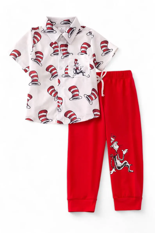 MOQ 5 preorder BSPO0626 Dr Seuss Pocket Button Short Sleeve Red Pants Boys Set 202510