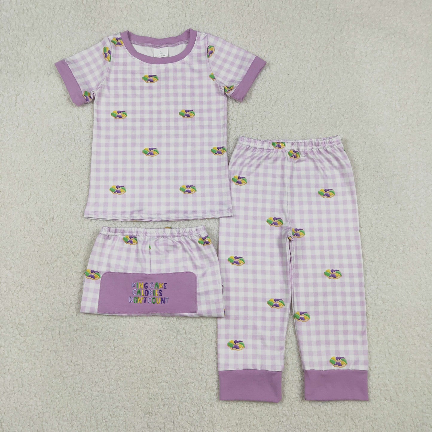 BSPO0630 Embroidered Mardi Gras Donut Purple Plaid Short Sleeve Pants Boys Pajama Set 202512 RTS