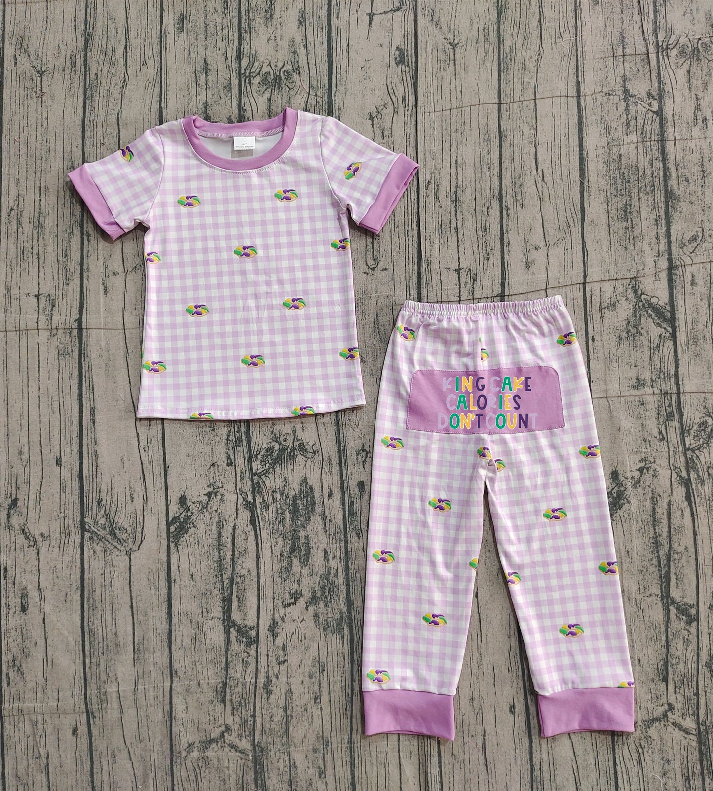 NO MOQ preorder BSPO0630 Embroidered Mardi Gras Donut Purple Plaid Short Sleeve Pants Boys Pajama Set 202510