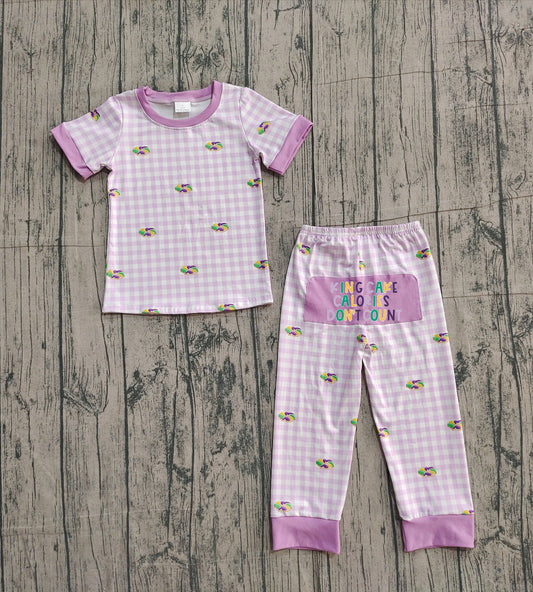 NO MOQ preorder BSPO0630 Embroidered Mardi Gras Donut Purple Plaid Short Sleeve Pants Boys Pajama Set 202510