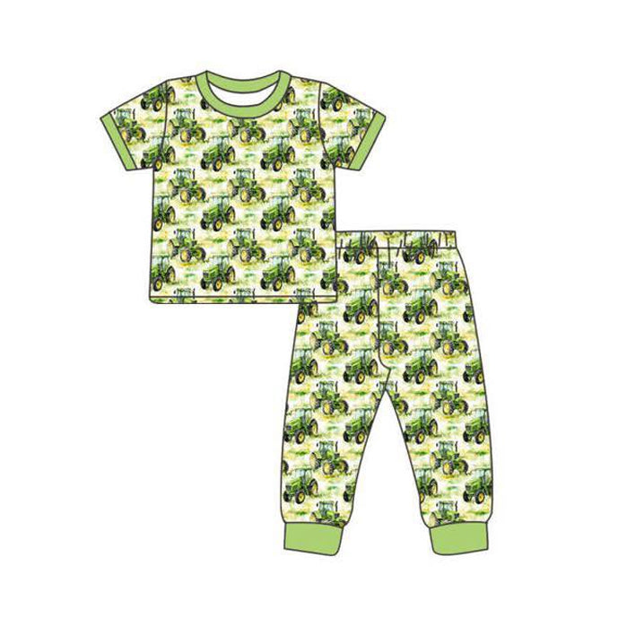 MOQ 5 preorder BSPO0631 Farm Trucks Green Short Sleeve Pants Boys Pajama Set 202511