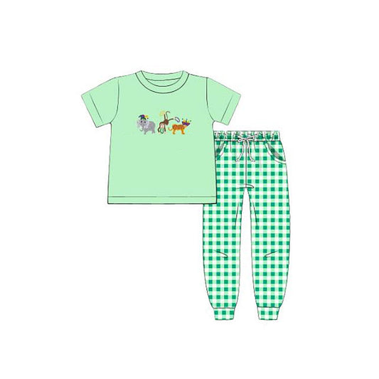MOQ 5 PCS preorder BSPO0632 Mardi Gras Elephant Monkey Animal Green Short Sleeve Plaid Pants Boys Sets 202511