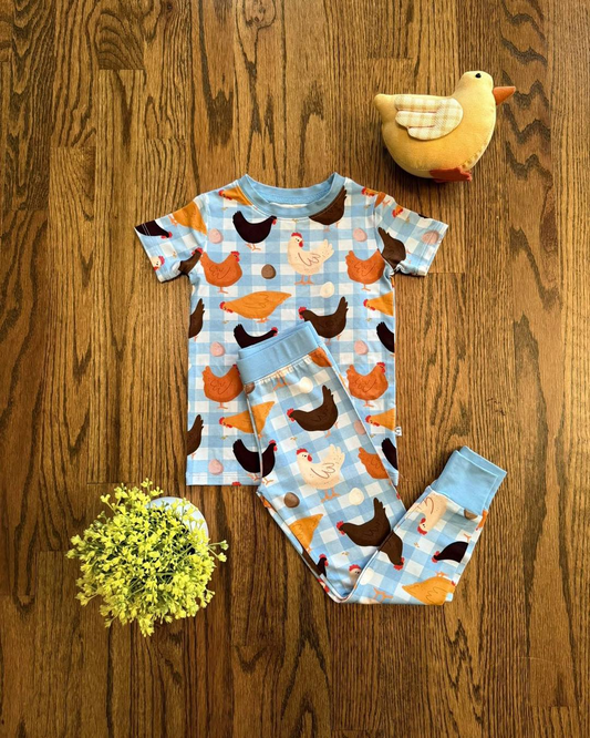 MOQ 5 PCS preorder BSPO0638 Chicken Egg Blue Plaid Short Sleeve Pants Boys Sets 202511