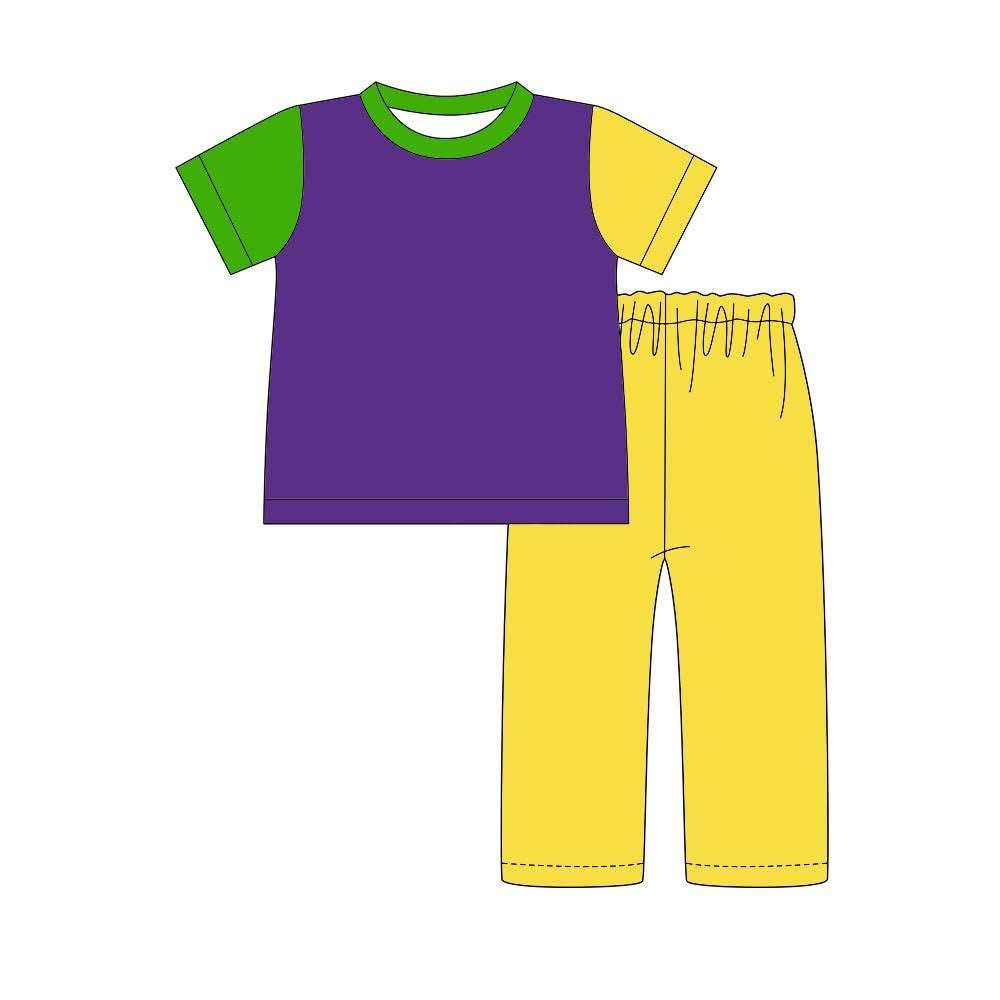 MOQ 5 PCS preorder BSPO0639 Mardi Gras Green Purple Yellow Color-Blocked Short Sleeve Pants Boys Sets 202511