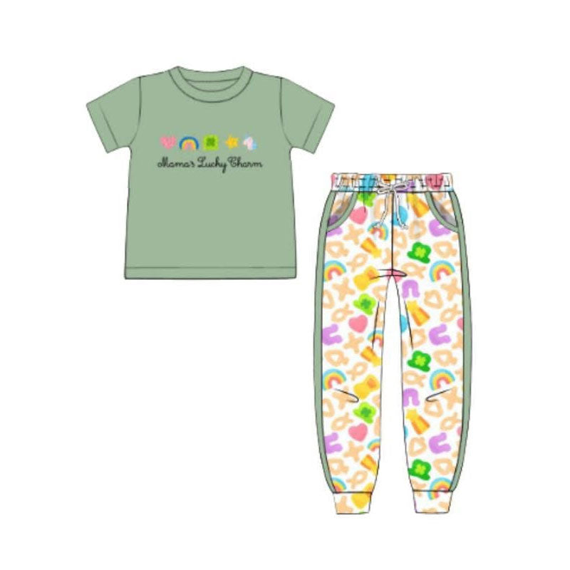 MOQ 5 PCS preorder BSPO0642 Mama's Little Charm Rainbow Clover Green Short Sleeve Pants Boys Sets 202511
