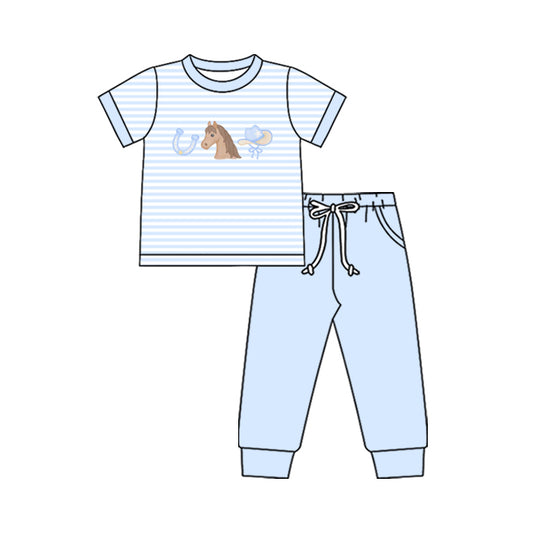 MOQ 5 PCS preorder BSPO0643 Horse Cowboy Hat Blue Stripe Short Sleeve Pants Boys Sets 202511